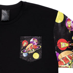 plain black tee shirt has silk sleeves and pocket with playful outer space design